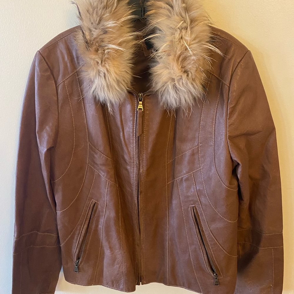 Tan/Brown Leather Jacket w/Real Fur Detachable Collar.